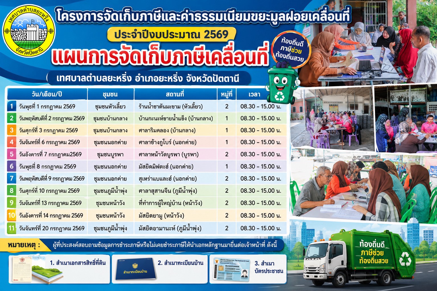 ประชาสัมพันธ์ เทศบาลตำบลยะหริ่ง โครงการจัดเก็บภาษีและค่าธรรมเนียมขยะมูลฝอยเคลื่อนที่ ประจำปีงบประมาณ พ.ศ. 2569
