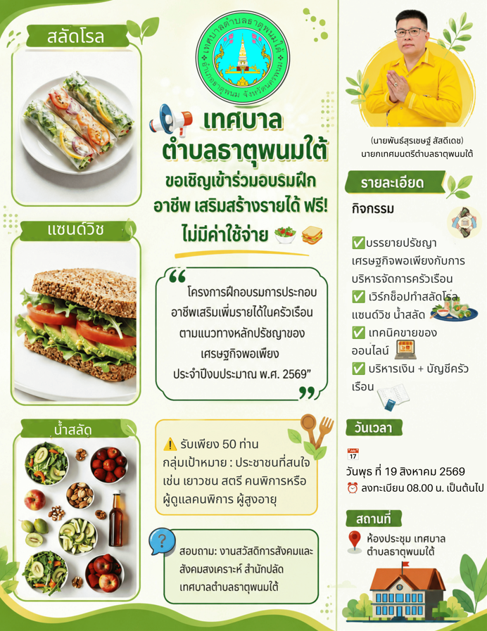 เทศบาลตำบลธาตุพนมใต้ ขอเชิญชวนประชาชน เข้าร่วมอบรมฝึกอาชีพเสริมสร้างรายได้ ฟรี! ไม่มีค่าใช้จ่าย