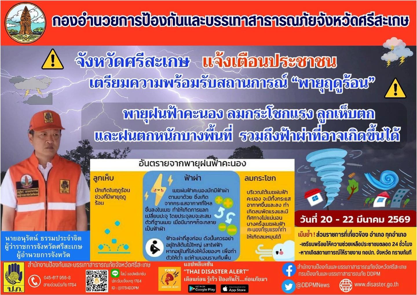 ประชาสัมพันธ์เทศบาลตำบลกันทรอม เรื่อง ขอให้ประชาชนเฝ้าระวังพายุ ฤดูร้อน ระหว่างวันที่ 20-22 มีนาคม 2569