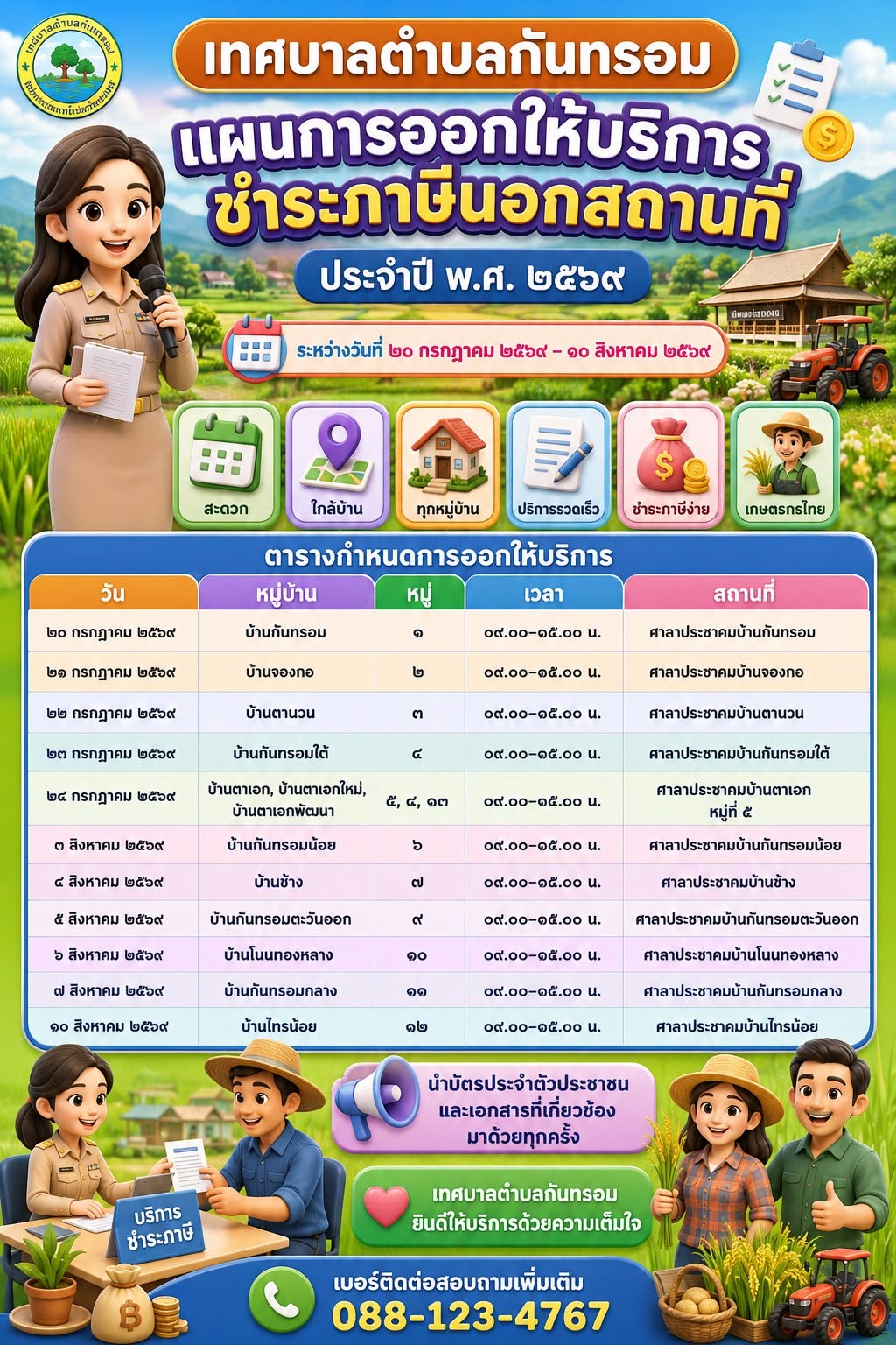 ประชาสัมพันธ์เทศบาลตำบลกันทรอม เรื่อง กองคลัง งานจัดเก็บรายได้ เทศบาลตำบลกันทรอม จะออกให้บริการชำระภาษีที่ดินและสิ่งปลูกสร้าง ภาปีป้าย นอกสถานที่ประจำปี 2569